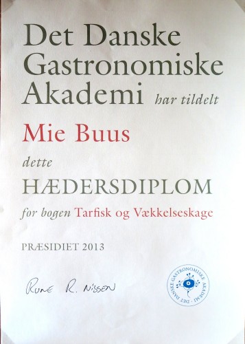 Hædersdiplom fra det Danske Gastronomiske Akademi.